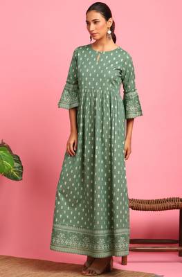 Green printed cotton long dresses 3