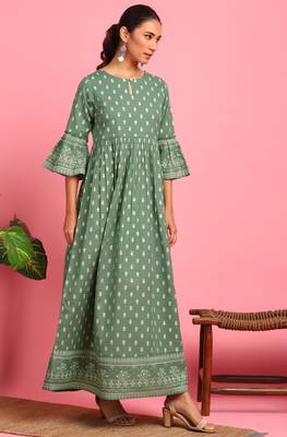 Green printed cotton long dresses 4
