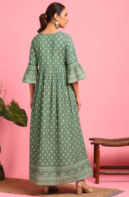 Green printed cotton long dresses 5