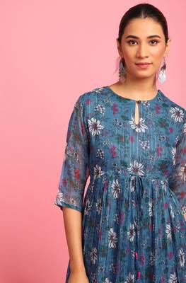 Blue printed georgette long dresses 5