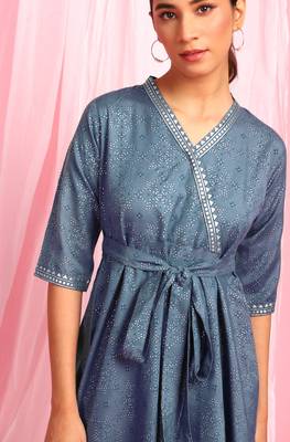 Blue printed cotton long dresses 5