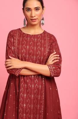 Maroon printed cotton long dresses 5