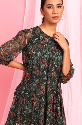 Green printed georgette short dresses 5