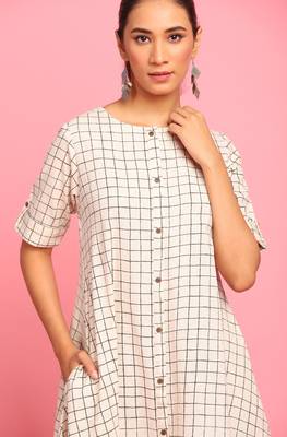 Janasya Cream woven cotton long dresses 5