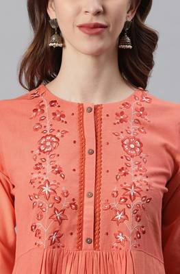 Peach embroidered cotton long dresses 5