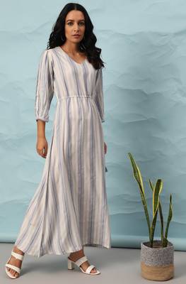 Janasya White woven viscose rayon maxi dresses 1