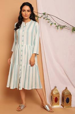 Janasya Off white woven viscose rayon long dresses 1