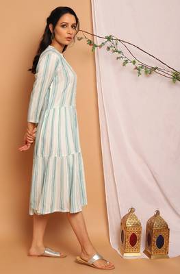 Janasya Off white woven viscose rayon long dresses 3