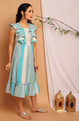 Janasya Grey woven cotton long dresses 3