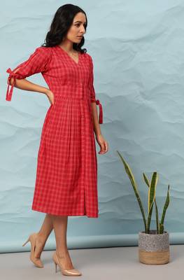 Red printed cotton long dresses 3