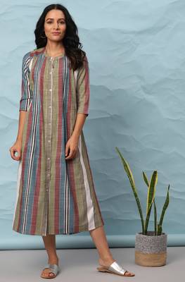 Janasya Multicolor woven cotton long dresses 1