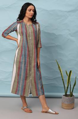 Janasya Multicolor woven cotton long dresses 3