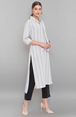 Janasya White woven cotton kurta 3