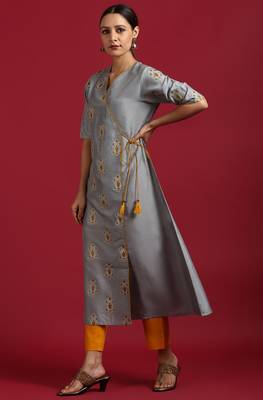 Janasya Grey printed polyester kurta 2