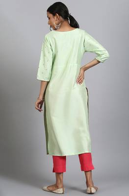 Green printed polyester kurta 3