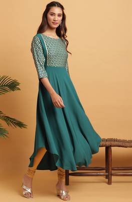 Teal green printed crepe kurta 1