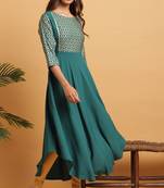 Teal green printed crepe kurta