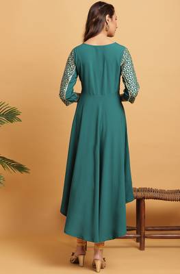Teal green printed crepe kurta 2