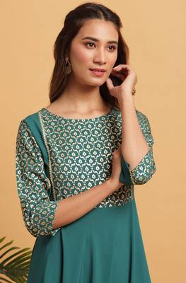 Teal green printed crepe kurta 3