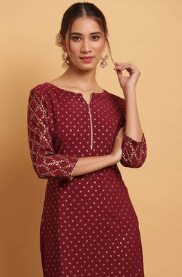 Janasya Maroon printed crepe kurta 4