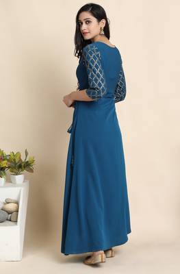 Teal printed crepe kurta 3