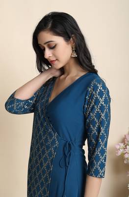Teal printed crepe kurta 4