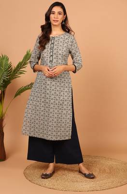 Janasya Grey printed cotton kurta 1