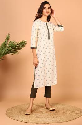 Janasya Cream printed rayon kurta 1