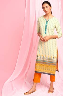Janasya Yellow printed cotton kurta 1