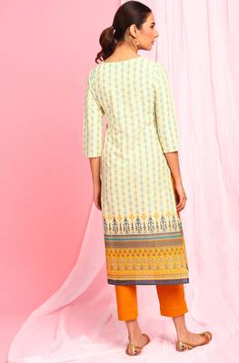 Janasya Yellow printed cotton kurta 4