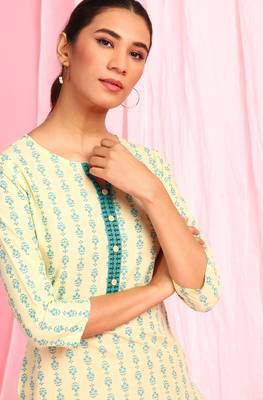 Janasya Yellow printed cotton kurta 5