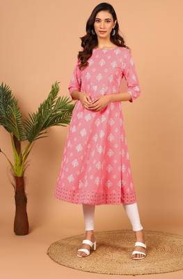 Janasya Pink printed cotton kurta 1