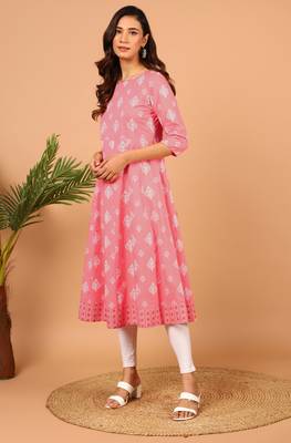Janasya Pink printed cotton kurta 2