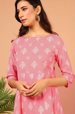 Janasya Pink printed cotton kurta 5