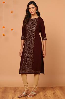 Janasya Brown printed rayon kurta 2