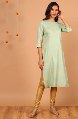 Janasya Light green printed rayon kurta 3