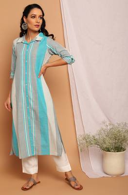 Janasya Grey printed cotton kurta 1