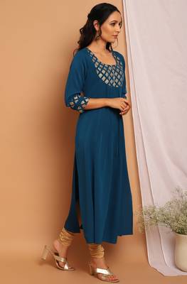 Teal printed crepe kurta 3