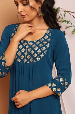 Teal printed crepe kurta 5