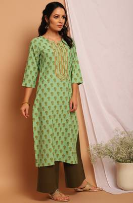 Janasya Light green printed crepe kurta 3