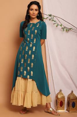 Teal green printed crepe kurta 1