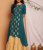 Teal green printed crepe kurta