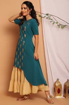 Teal green printed crepe kurta 2