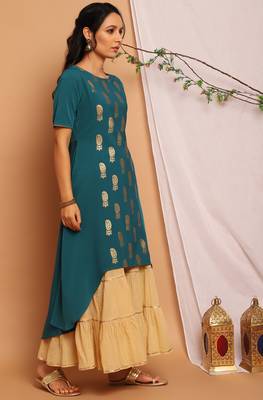 Teal green printed crepe kurta 3