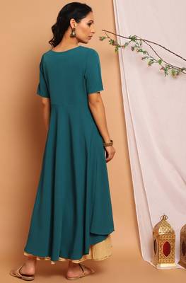 Teal green printed crepe kurta 4
