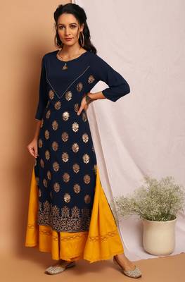 Janasya Navy blue printed crepe kurta 1