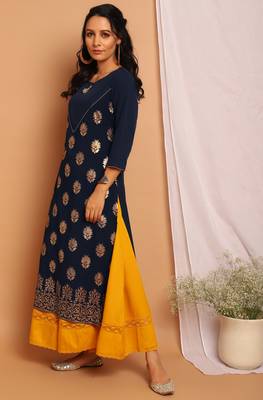 Janasya Navy blue printed crepe kurta 2