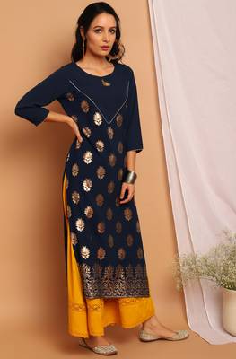 Janasya Navy blue printed crepe kurta 3