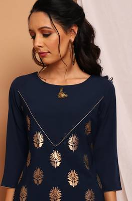 Janasya Navy blue printed crepe kurta 5