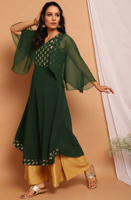 Janasya Green printed crepe kurta 2